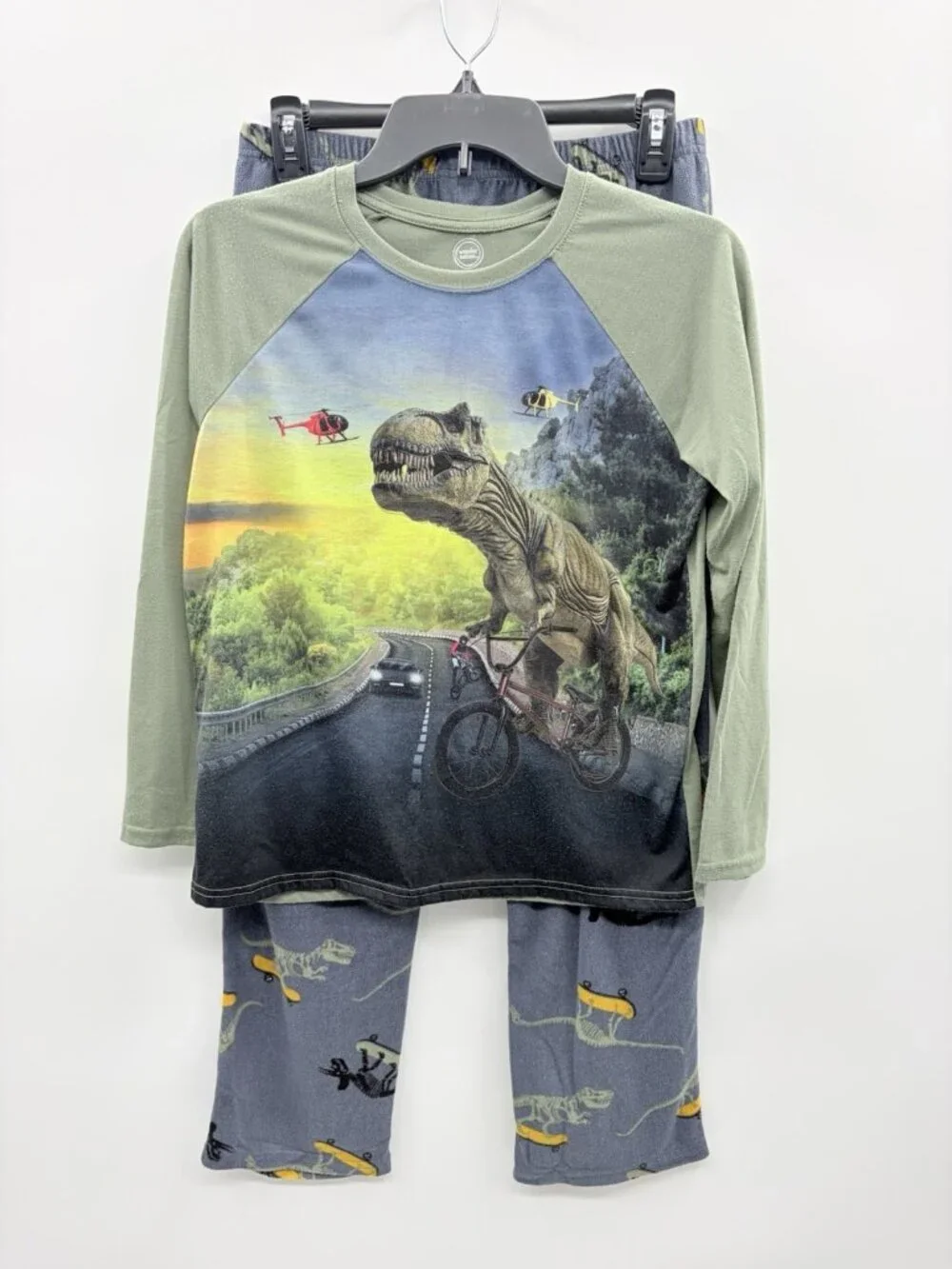 Wonder Nation Youth Boys Husky Large‎ 10/12 T-Rex Dino 2 Piece Fleece Pajama Set